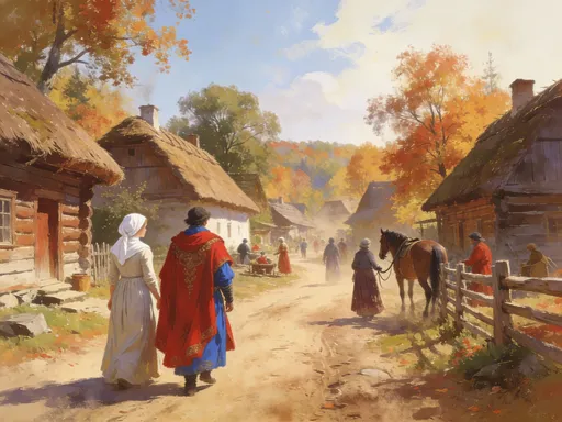 Prompt: A rural village scene unfolds along a dusty path, flanked by traditionally styled wooden houses with thatched roofs, suggesting a historical setting. In the foreground, two figures dominate the composition: a woman dressed in a simple, light-colored gown with a white headscarf and a person in an elaborate red cloak and blue attire, giving a sense of contrast and uniqueness. The village is lively, with other villagers scattered around, some in long dresses, engaged in various activities; one is seen leading a horse near a wooden fence. The lighting is natural, indicating a clear day; a hint of autumn colors is visible in the trees, adding warmth to the scene. This image captures a tranquil moment in village life, evoking a sense of community and simplicity amidst its rustic charm.