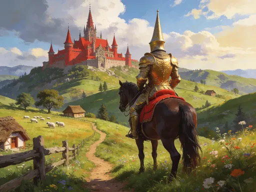 Prompt: This is a digital painting in a realistic fantasy style. The scene depicts a medieval fantasy landscape under a bright, partly cloudy sky. In the foreground, a knight clad in detailed, golden armor with a tall, pointed helmet sits astride a dark brown horse with a red saddle. The knight is facing away from the viewer, gazing towards a distant, castle-like structure. The horse stands on a grassy hillside dotted with wildflowers and a narrow dirt path that winds through the scene.

To the left, there is a rustic wooden fence, and a small, thatched-roof cottage is partially visible. The midground is filled with rolling green hills, scattered trees, and more small, thatched-roof buildings. Sheep graze in a field to the left of the path.

In the background, a grand, red-roofed castle with multiple spires and turrets sits atop a hill. The castle's architecture is intricate, with a mix of medieval and fantasy elements. The sky above is blue with fluffy white clouds, and the light suggests a late morning or early afternoon setting. The overall composition is rich in detail and color, creating a vivid, immersive fantasy landscape.
