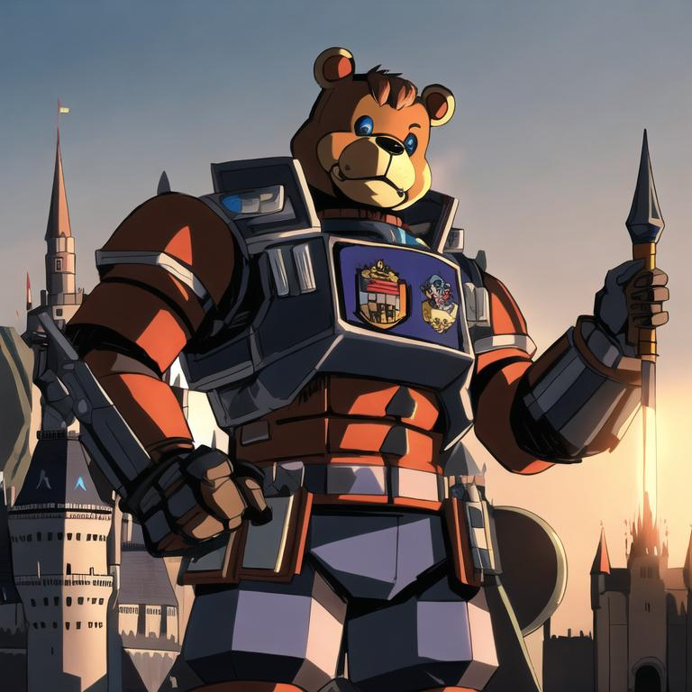 Prompt: Freddy Fazbear with really cool-looking futuristic armor with a sword with a castle in the back and a huge army