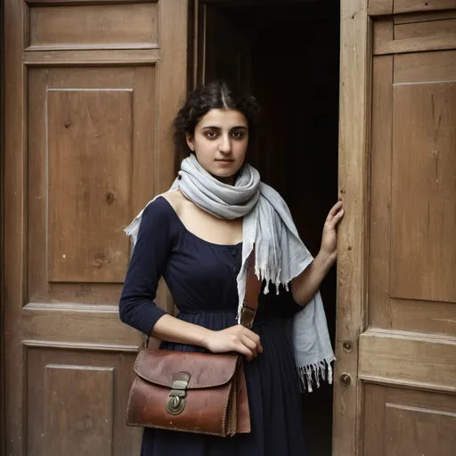 Prompt: a woman standing outside of a wooden door with a scarf around her neck and a purse on her shoulder, Ayshia Taşkın, barbizon school, f / 3 2, a picture