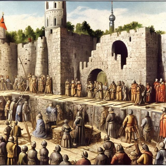 Prompt: laying of the foundation stone of the berlin castle medieval times in color

