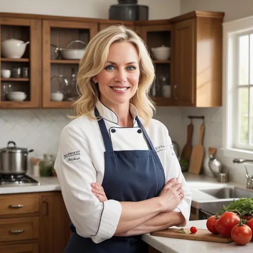 Prompt: "A 45-year-old American woman with blonde hair, wearing professional chef attire, standing confidently in a modern kitchen. She has a warm smile, expressive blue eyes, and a friendly demeanor, embodying the essence of a seasoned, approachable cooking expert. The kitchen background is bright and organized, with high-end cookware and fresh ingredients on the countertop. The scene is well-lit, with soft natural light coming through a window, highlighting the woman's expertise and passion for cooking."