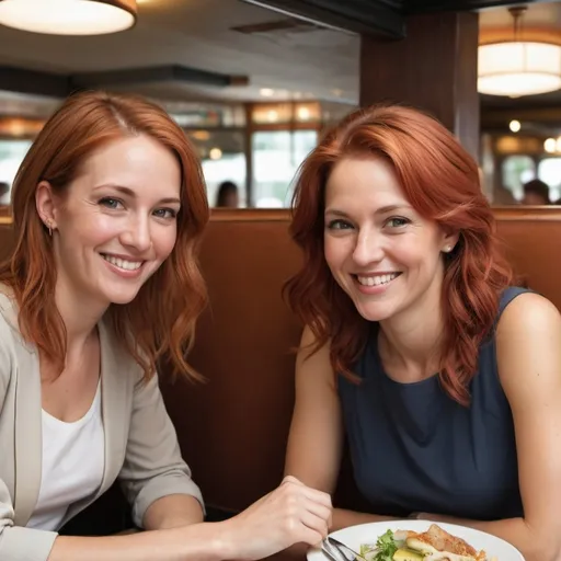 Prompt: Realistic picture of two women in a booth at a restaurant having lunch. One woman in her early 30's with redish hair and the other in her early 40's with light brown hair, both smiling