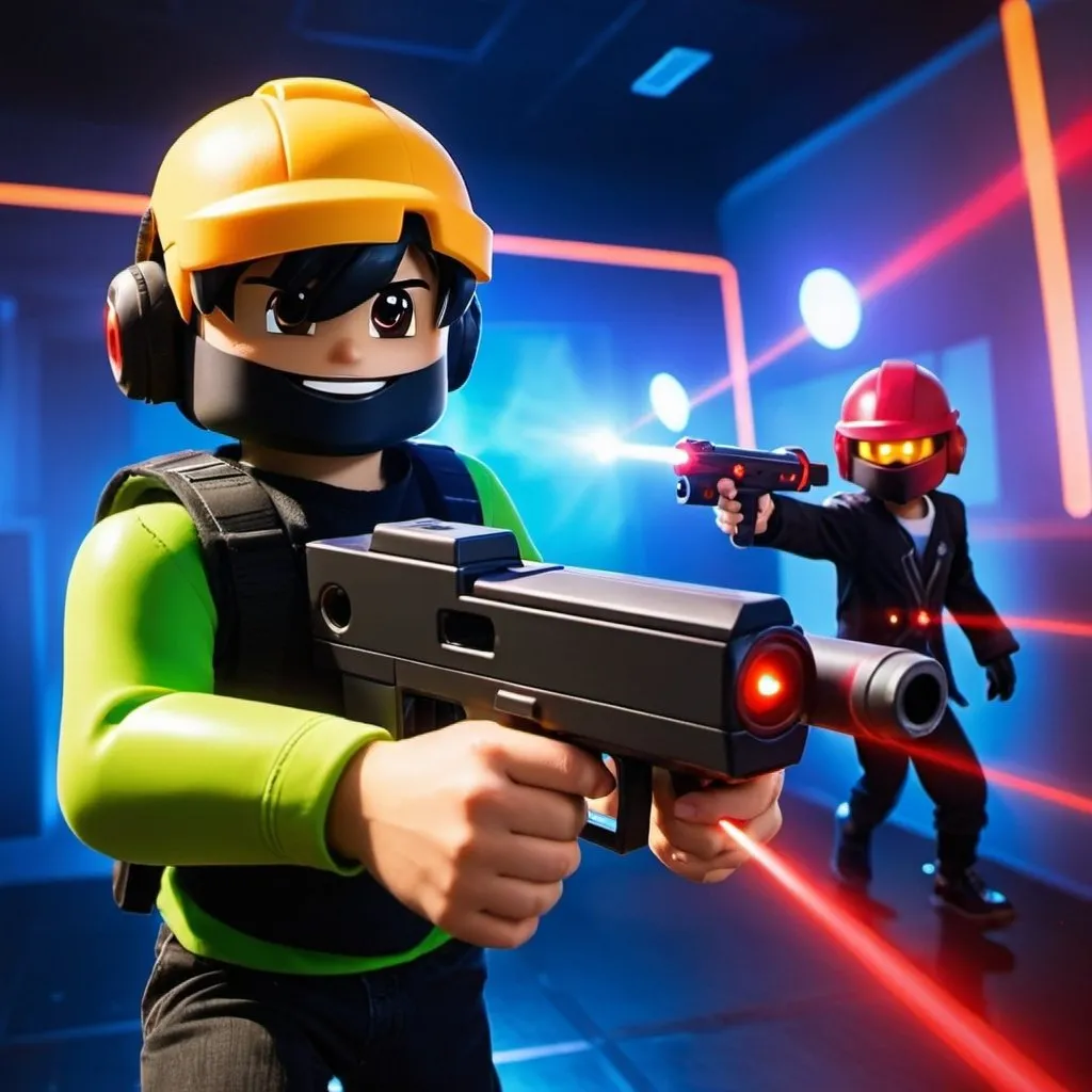 Prompt: a Roblox player playing laser tag and running from another play with a laser gun