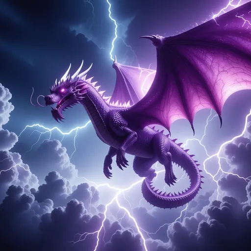 Prompt: A large purple lightning dragon, flying in the sky