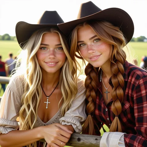 Prompt: Up close view, two young looking teenage school girls, the young girls are leaning forward on a fence, one young girl is Norwegian with blonde hair, one young girl is Scottish with red hair, braid, the young girls are wearing small cross necklaces and cowboy hats, cleavage, large female chest, pretty young faces, freckles, happily smiling, cleavage, pretty bodies, gorgeous legs