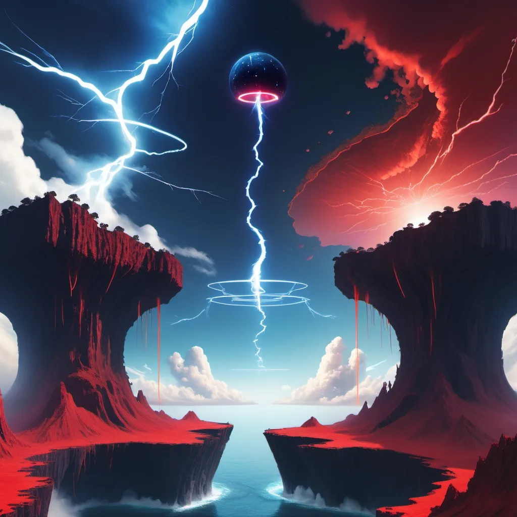 Prompt: A mysteriousvoid with two flying islands. Left side has a blue sky . Right side has a red sky with red lightnings