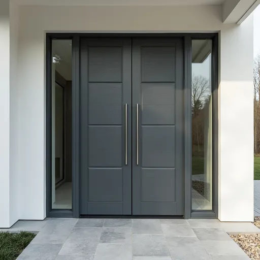 Prompt: A modern, sleek entrance is showcased with a contemporary double door design, primarily in a dark shade of gray. The door features horizontal metal strips and large glass panels that enhance its elegance and allow natural light to filter through, creating a welcoming ambiance. Located against a clean, white wall, the surroundings suggest a well-maintained exterior with a polished stone floor, reflecting a minimalist aesthetic. The overall composition emphasizes the door as a focal point while maintaining a sophisticated and streamlined look, perfect for modern architectural styles. The mood conveyed is one of stylish simplicity and contemporary design.
