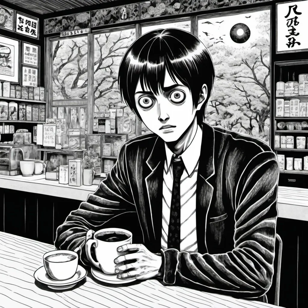 Prompt: Junji Ito manga style, man in coffee shop, manga scene