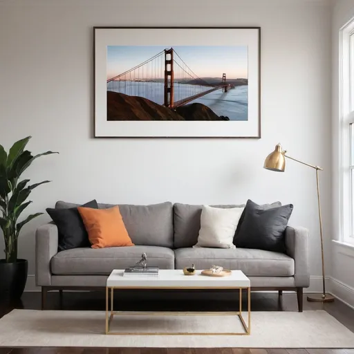 Prompt: a minimalist living room with a photo of golden gate bridge, printed and framed on the wall 