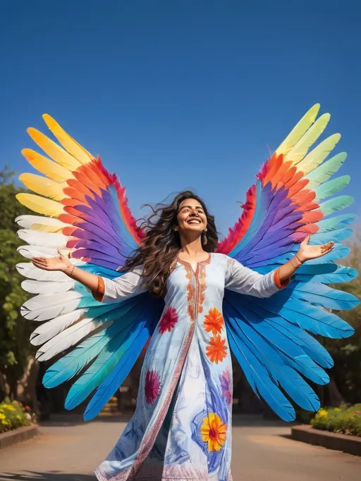 Prompt: Bathed in vibrant blue skies, a woman stands joyfully with outstretched arms amidst an enchanting backdrop of oversized, colorful wings that resemble a stunning array of feathers. Her long, wavy hair cascades down her shoulders, framing her face adorned with a broad smile that radiates happiness and freedom. Dressed in a light, floral-patterned kurta, she embodies a sense of playfulness, creating a striking contrast against the natural greenery in the distance. The vivid colors of the wings, blending greens, pinks, and blues, amplify the cheerful atmosphere of the scene, inviting a sense of whimsy and imaginative delight. The overall composition celebrates self-expression and the joy of embracing one's uniqueness in a picturesque outdoor setting.