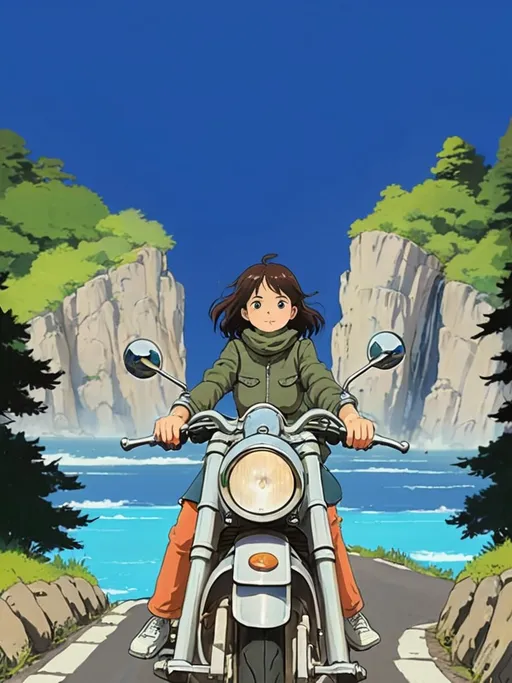 Prompt: 2d studio ghibli anime style, girl on motorcycle, anime scene
