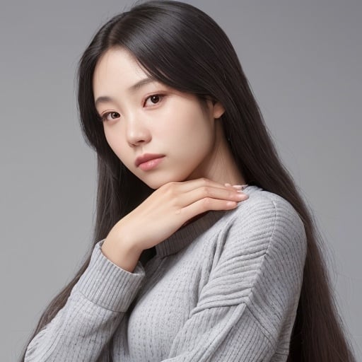 Prompt: a woman with long hair and a gray sweater posing for a picture with her hand on her chin and her hand on her shoulder, Du Qiong, dau-al-set, phuoc quan, a character portrait