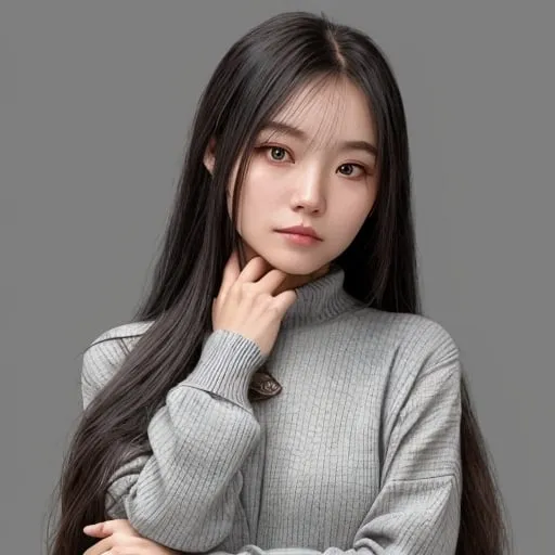 Prompt: a woman with long hair and a gray sweater posing for a picture with her hand on her chin and her hand on her shoulder, Du Qiong, dau-al-set, phuoc quan, a character portrait