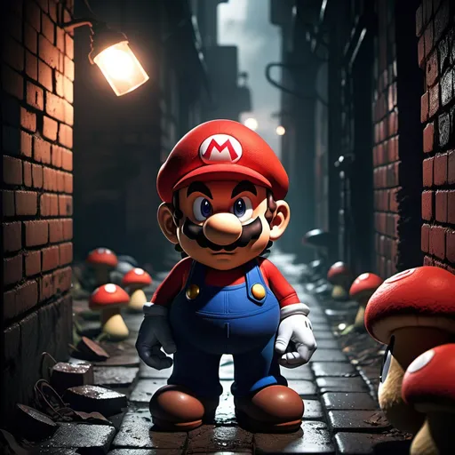 Prompt: "Mario in a dark, gritty alleyway of a dystopian Mushroom Kingdom, with a serious, sad expression. Mario's clothes are tattered, his red hat is tilted, and his eyes are shadowed. The scene is dimly lit with muted colors, showing broken bricks and a distant, flickering light. Bowser's silhouette looms in the background, casting long shadows."