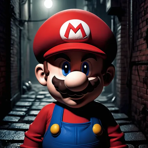 Prompt: Imagine Mario standing in a dimly lit alleyway of a dystopian Mushroom Kingdom. The once vibrant colors are now muted, with shadows enveloping the scene, creating a stark contrast that emphasizes the mood. Mario's iconic red hat is slightly tilted, with the "M" emblem barely visible in the low light. His usual cheerful expression is replaced by a deep frown, his eyes shadowed, reflecting a sense of loss and weariness. 

Mario's outfit is tattered, showing signs of battles fought in this harsh environment. The bright red of his shirt has faded to a dull, almost brownish hue, with patches and tears revealing the wear of time. His blue overalls are splattered with grime, and his gloves are worn and dirty, suggesting he's been through much since we last saw him in his adventures.

The background could feature elements like broken bricks, remnants of once colorful blocks now gray and cracked, and perhaps a distant, flickering light from a street lamp or a fire, casting eerie glows and long shadows. Maybe there's a silhouette of Bowser's castle in the distance, looming ominously, or ghostly figures of former friends or foes, adding to the somber atmosphere.

This scene not only portrays Mario in a new light but also tells a story of a hero who has seen better days, now facing the darker side of his world with a heavy heart.