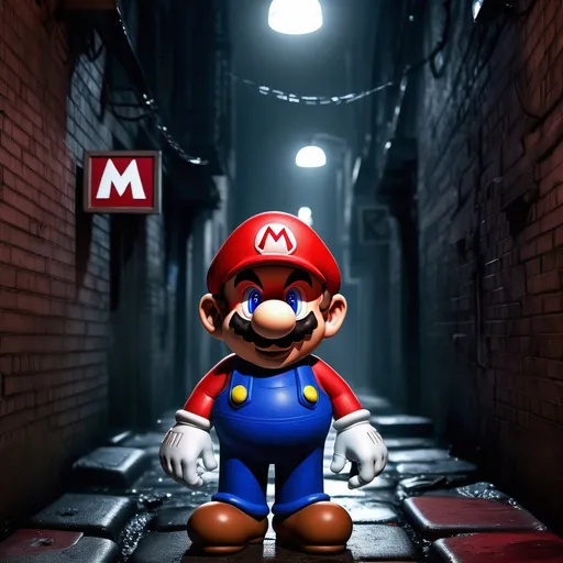 Prompt: Imagine Mario standing in a dimly lit alleyway of a dystopian Mushroom Kingdom. The once vibrant colors are now muted, with shadows enveloping the scene, creating a stark contrast that emphasizes the mood. Mario's iconic red hat is slightly tilted, with the "M" emblem barely visible in the low light. His usual cheerful expression is replaced by a deep frown, his eyes shadowed, reflecting a sense of loss and weariness. 

Mario's outfit is tattered, showing signs of battles fought in this harsh environment. The bright red of his shirt has faded to a dull, almost brownish hue, with patches and tears revealing the wear of time. His blue overalls are splattered with grime, and his gloves are worn and dirty, suggesting he's been through much since we last saw him in his adventures.

The background could feature elements like broken bricks, remnants of once colorful blocks now gray and cracked, and perhaps a distant, flickering light from a street lamp or a fire, casting eerie glows and long shadows. Maybe there's a silhouette of Bowser's castle in the distance, looming ominously, or ghostly figures of former friends or foes, adding to the somber atmosphere.

This scene not only portrays Mario in a new light but also tells a story of a hero who has seen better days, now facing the darker side of his world with a heavy heart.