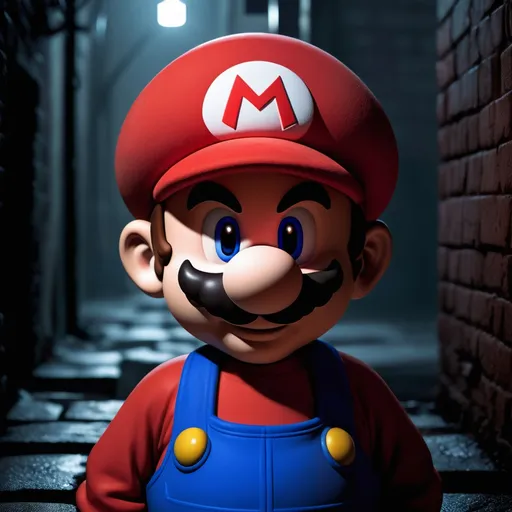 Prompt: Imagine Mario standing in a dimly lit alleyway of a dystopian Mushroom Kingdom. The once vibrant colors are now muted, with shadows enveloping the scene, creating a stark contrast that emphasizes the mood. Mario's iconic red hat is slightly tilted, with the "M" emblem barely visible in the low light. His usual cheerful expression is replaced by a deep frown, his eyes shadowed, reflecting a sense of loss and weariness. 

Mario's outfit is tattered, showing signs of battles fought in this harsh environment. The bright red of his shirt has faded to a dull, almost brownish hue, with patches and tears revealing the wear of time. His blue overalls are splattered with grime, and his gloves are worn and dirty, suggesting he's been through much since we last saw him in his adventures.

The background could feature elements like broken bricks, remnants of once colorful blocks now gray and cracked, and perhaps a distant, flickering light from a street lamp or a fire, casting eerie glows and long shadows. Maybe there's a silhouette of Bowser's castle in the distance, looming ominously, or ghostly figures of former friends or foes, adding to the somber atmosphere.

This scene not only portrays Mario in a new light but also tells a story of a hero who has seen better days, now facing the darker side of his world with a heavy heart.