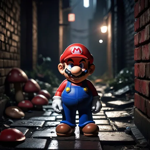 Prompt: "Mario in a dark, gritty alleyway of a dystopian Mushroom Kingdom, with a serious, sad expression. Mario's clothes are tattered, his red hat is tilted, and his eyes are shadowed. The scene is dimly lit with muted colors, showing broken bricks and a distant, flickering light. Bowser's silhouette looms in the background, casting long shadows."