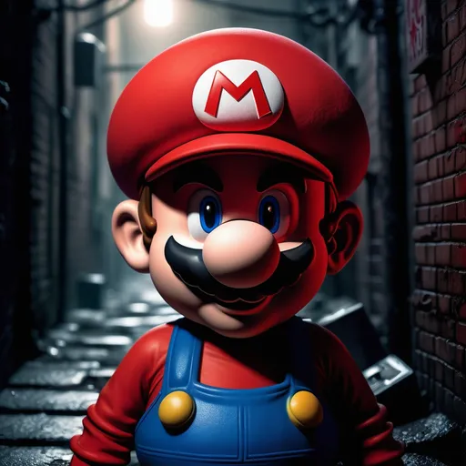 Prompt: Imagine Mario standing in a dimly lit alleyway of a dystopian Mushroom Kingdom. The once vibrant colors are now muted, with shadows enveloping the scene, creating a stark contrast that emphasizes the mood. Mario's iconic red hat is slightly tilted, with the "M" emblem barely visible in the low light. His usual cheerful expression is replaced by a deep frown, his eyes shadowed, reflecting a sense of loss and weariness. 

Mario's outfit is tattered, showing signs of battles fought in this harsh environment. The bright red of his shirt has faded to a dull, almost brownish hue, with patches and tears revealing the wear of time. His blue overalls are splattered with grime, and his gloves are worn and dirty, suggesting he's been through much since we last saw him in his adventures.

The background could feature elements like broken bricks, remnants of once colorful blocks now gray and cracked, and perhaps a distant, flickering light from a street lamp or a fire, casting eerie glows and long shadows. Maybe there's a silhouette of Bowser's castle in the distance, looming ominously, or ghostly figures of former friends or foes, adding to the somber atmosphere.

This scene not only portrays Mario in a new light but also tells a story of a hero who has seen better days, now facing the darker side of his world with a heavy heart.
