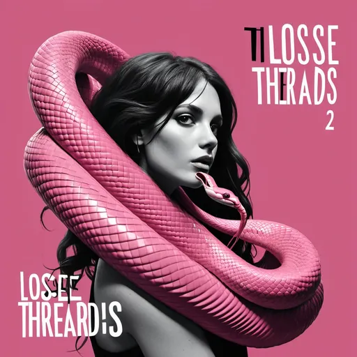 Prompt: a poster with a snake wrapped around a pink tube and words above it that read loose house threads fan 2, Claire Falkenstein, serial art, flowing hair, concept art