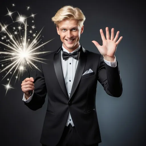 Prompt: Blond man in a tuxedo waving casting a sparkling magic spell with his magic wand. He is happy