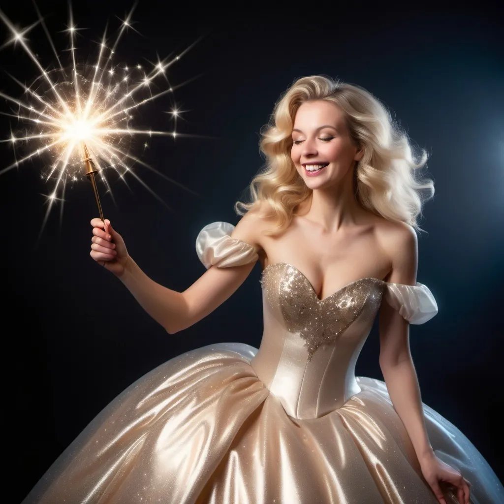 Prompt: Blond woman in a poofy ball gown waving casting a sparkling magic spell with her magic wand. She is happy