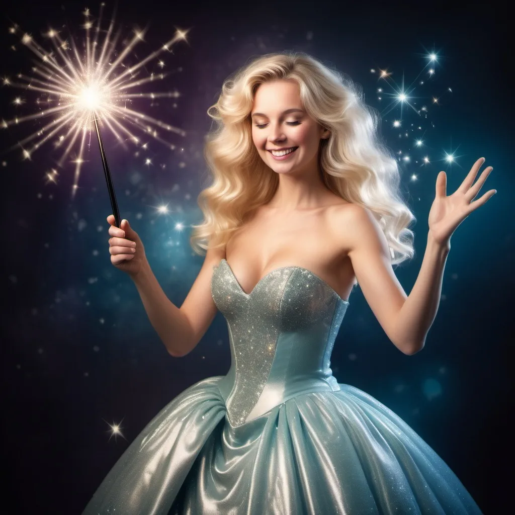 Prompt: Blond woman in a poofy ball gown waving casting a sparkling magic spell with her magic wand. She is happy