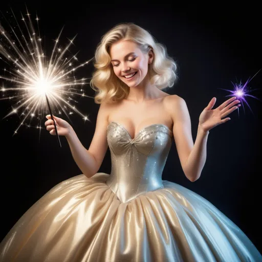 Prompt: Blond woman in a poofy ball gown waving casting a sparkling magic spell with her magic wand. She is happy