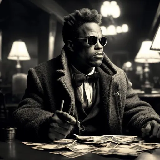 Prompt: A African American Man with duffle bag of money, sitting at a table, vintage noir style, dimly lit setting, suspenseful atmosphere, detailed facial features, high quality, vintage noir, suspenseful lighting, cash-filled duffle bag, tension, waiting, atmospheric, noir film style