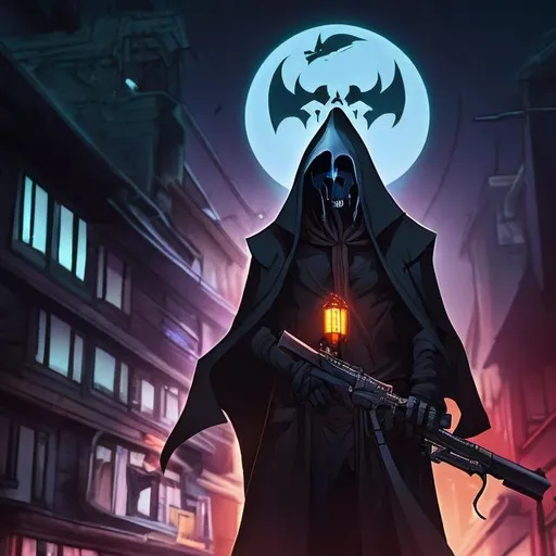 Prompt: A man walking down a street at night with a gun and the Grimm reaper is watching over him from the top of a building 

