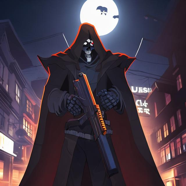 Prompt: A man walking down a street at night with a gun and the Grimm reaper is watching over him from the top of a building 
