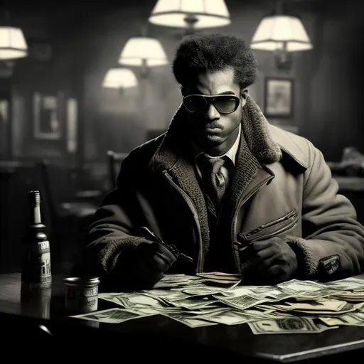 Prompt: A African American Man with duffle bag of money, sitting at a table, vintage noir style, dimly lit setting, suspenseful atmosphere, detailed facial features, high quality, vintage noir, suspenseful lighting, cash-filled duffle bag, tension, waiting, atmospheric, noir film style