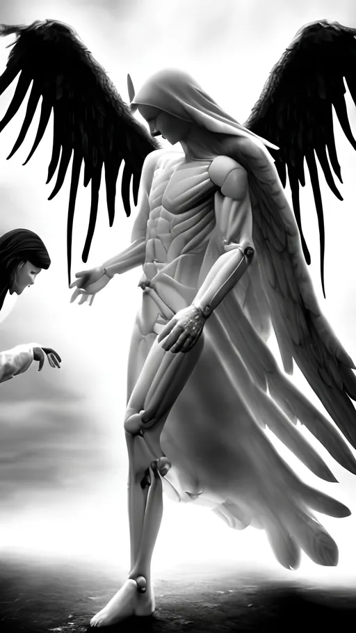 Prompt: A human like angel that is fighting demons as a human walks by. The angels and demons are invisible to the human 