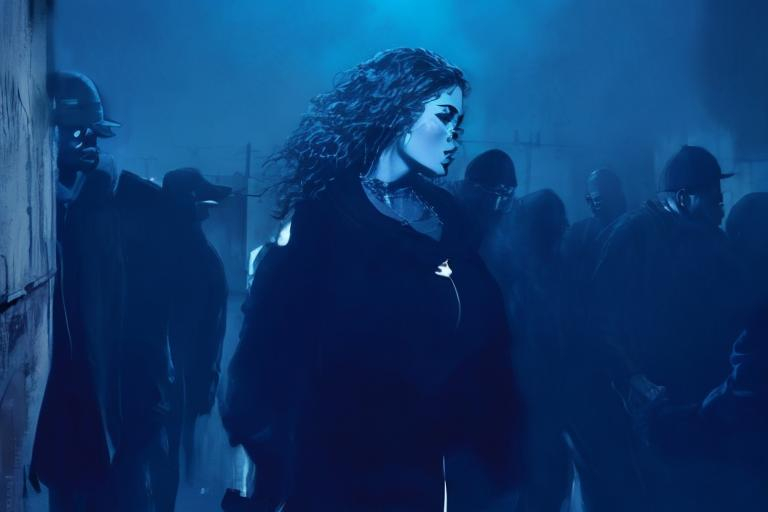 Prompt: Realistic illustration of a woman in a black dress being backed up by gangsters, urban setting, intense and dramatic lighting, high quality, realistic style, detailed facial expressions, tailored black dresses, shady characters, dramatic backlighting, professional, urban, intense, dramatic, gangsters, women, black dress, realistic style, detailed facial expressions, intense lighting