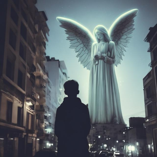 Prompt: A human like angel that is alive watching over a street at night