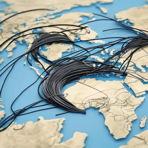 Prompt: A map of Wires stretching across the world touching Africa,  Europe, Asia 