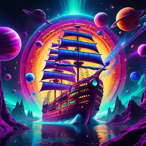 Prompt: (psychedelic spell jammer ship crewed by wizards), open deck space ship, wizard at the helm, surreal concert poster, vibrant neon colors, cosmic background with stars and planets, science fantasy elements, high contrast lighting, ultra-detailed, trippy atmosphere, mystical and otherworldly vibe, 4K resolution, sense of speed, dynamic composition, intricate patterns and textures.