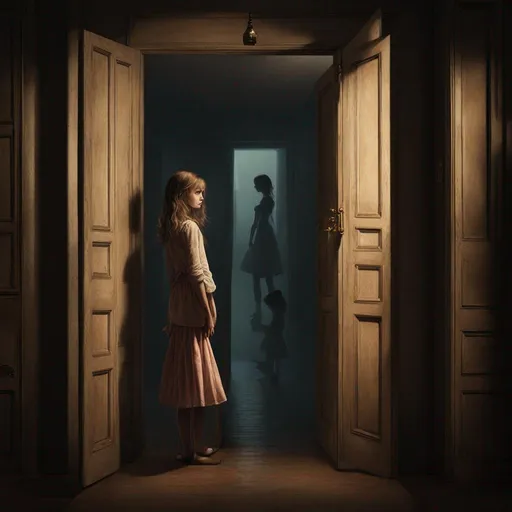 Prompt: Misty, melancholic, Burtonesque illustration of a young girl in the dim light, vintage hallway with multiple doors, focused on an openhighres, detailed, melancholic, Burtonesque, vintage, misty atmosphere, dim lighting, young girl, vintage hallway, multiple doors, open door, intense gaze, emotional, atmospheric lighting comme dans un cauchemar 