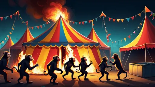Prompt: Not my Circus, not my Monkeys. Carnaval with Monkeys running everywhere. Big top tent Dumpster on fire. colorful

