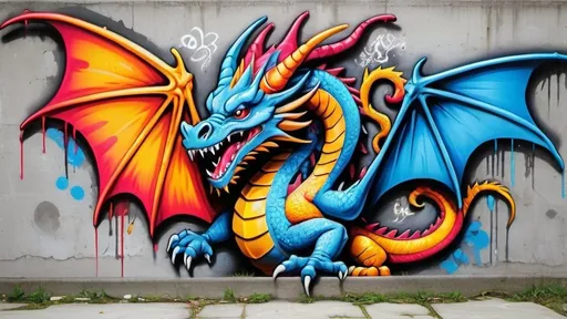 Prompt: colorful dragon grafitti art, on concrete wall, with grafitti art infill more realistic

