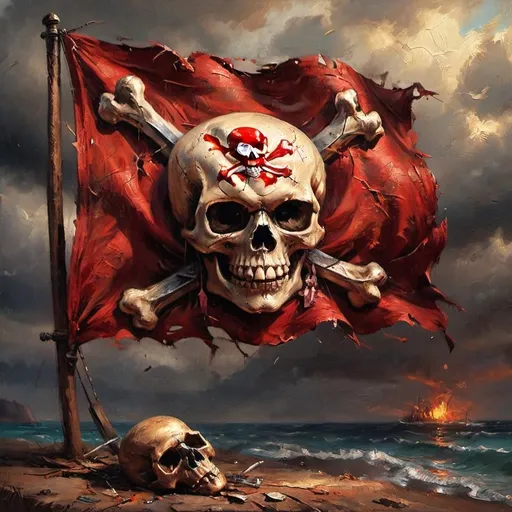 Prompt: (red pirate flag), (tattered and torn), skull and crossbones, crossed swords, dramatic shadows, vibrant crimson colors, weathered texture, ominous ambiance, fierce symbolism, high detail, cinematic style, dynamic composition, atmospheric lighting, capturing a sense of adventure and peril, ultra-detailed, 4K quality, flag big