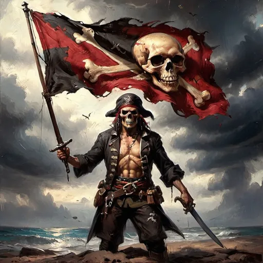 Prompt: (red pirate flag), (tattered and torn), skull and crossbones, crossed swords, dramatic shadows, vibrant crimson colors, weathered texture, ominous ambiance, fierce symbolism, high detail, cinematic style, dynamic composition, atmospheric lighting, capturing a sense of adventure and peril, ultra-detailed, 4K quality, flag big