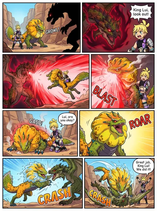 Prompt: Monster Hunter Stories 2: Wings of Ruin.
Comic artstyle, eight panel strips.
Royal Ludroth, King Lui, saving rider, Hapu, from rage rayed Rathian.