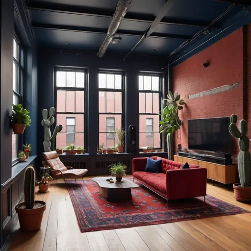 Prompt: Brooklyn loft interior shots, wide plank wooden floors, large windows, cacti and large variety of plants different colors  a standing 'bang and olufsen' tv, 
tv and fireplace, red  morocan rug, walls and ceiling painted midnight blue 
