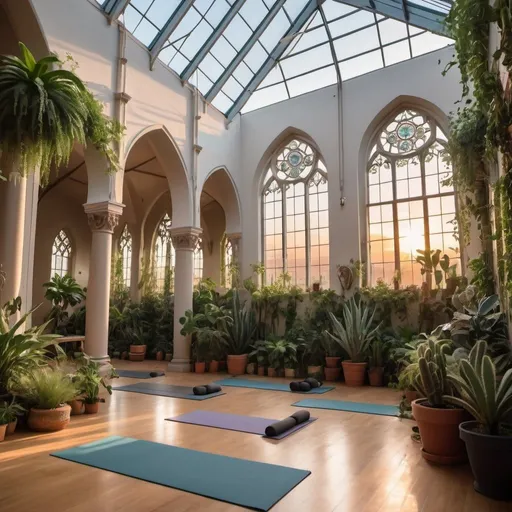 Prompt: interior of a large cathedral converted into a yoga studio, and  filled with many leafy plants, some cacti, large hanging plants at sunset, large windows, vines and a large skylight