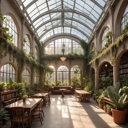 Prompt: interior of a large cathedral converted into a greenhouse, library, coffee shop, with comfy seating filled with many leafy plants, some cacti, large hanging plants at sunset, large windows, vines and a large skylight and a water fountain and hamocks