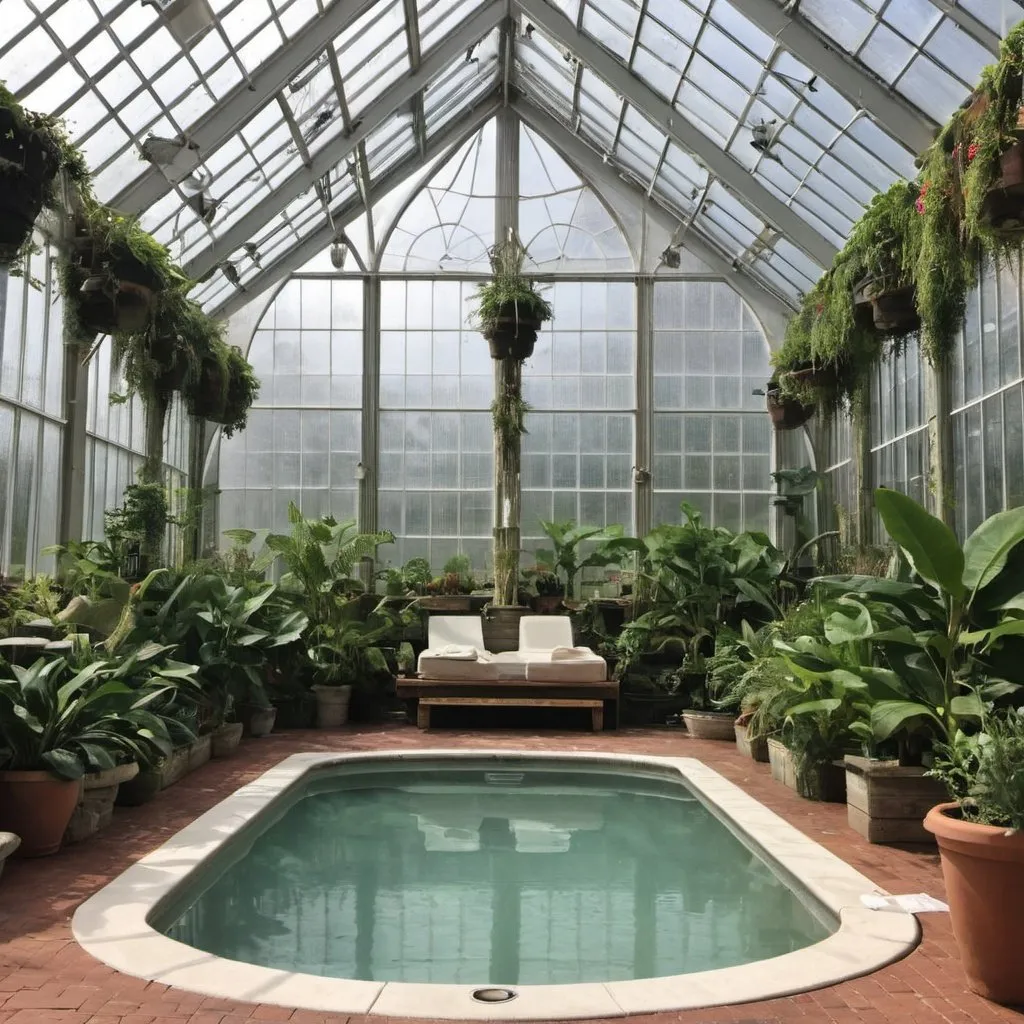 Prompt: indoor pool in giant greenhouse with hundreds of plants, hammocks, jacuzzi, Sauna, cold plunge, shower, steamroom
