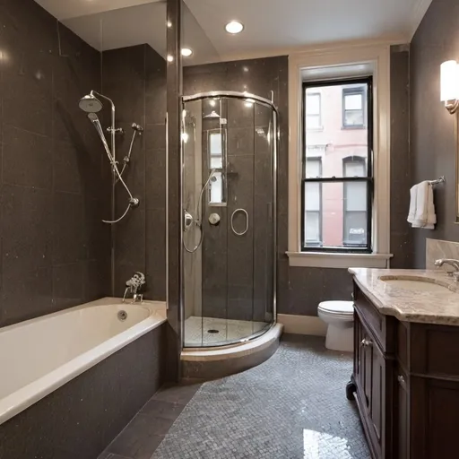 Prompt: super advanced  bathroom in a brownstone,  a rainfall shower and a separate bathtub tub, towel warming,

