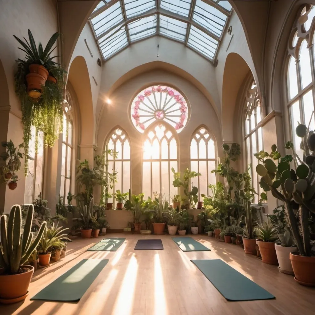 Prompt: interior of a cathedral converted into a yoga studio filled with many plants, cacti, more hanging plants at sunset with sun beams through the large windows